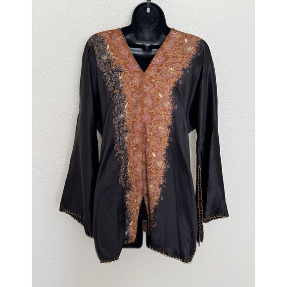 Vintage Retro Silk Beaded V-Neck Top Tunic Boho Witchy Fairy Goth Festival - Picture 5 of 12